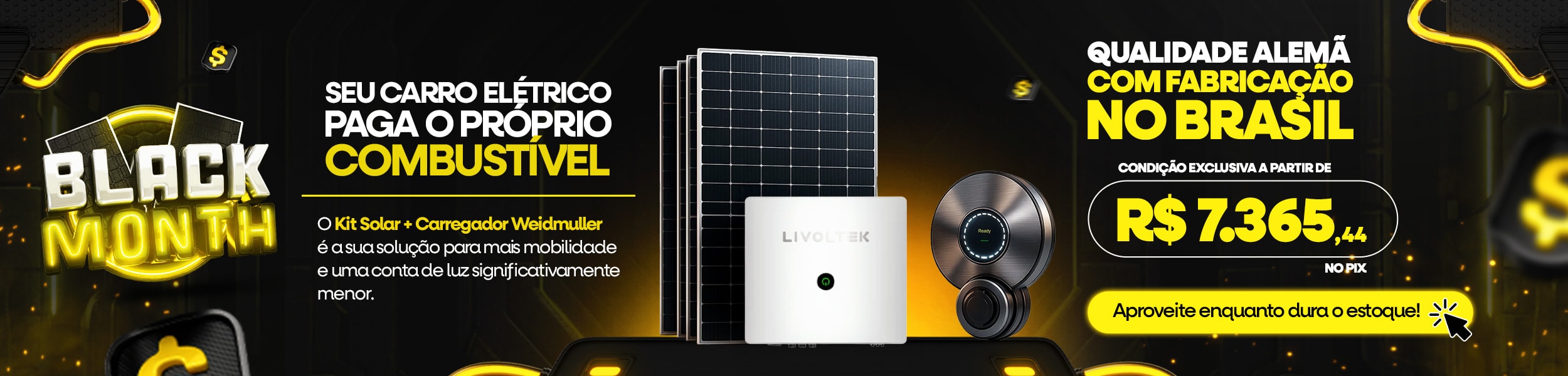 Kit com painéis solares, um inversor branco Livoltek e um carregador de carro elétrico circular na cor metálica.
