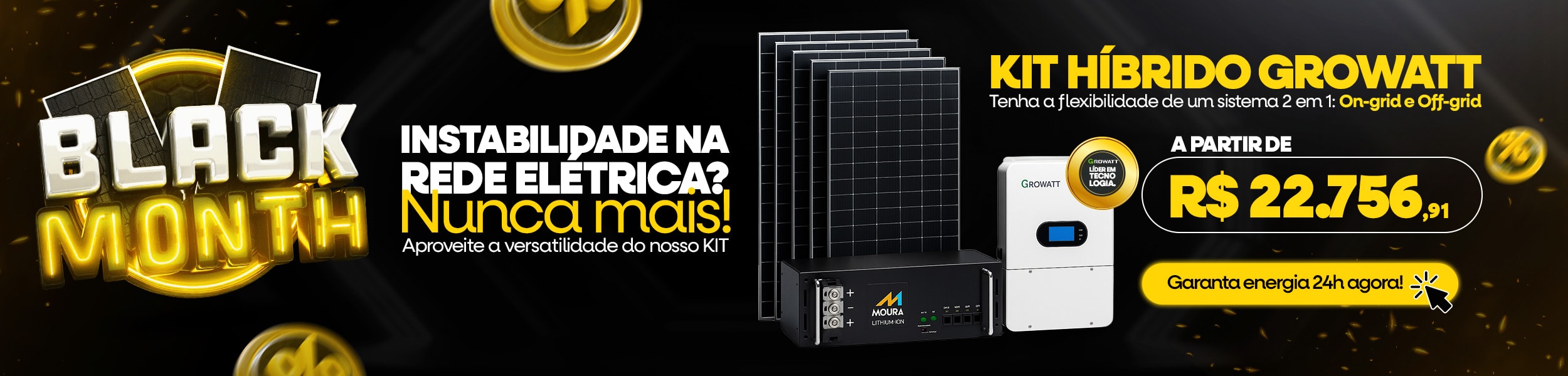 Kit Solar Hibrido Inversor Growatt e Bateria de Lítio Moura