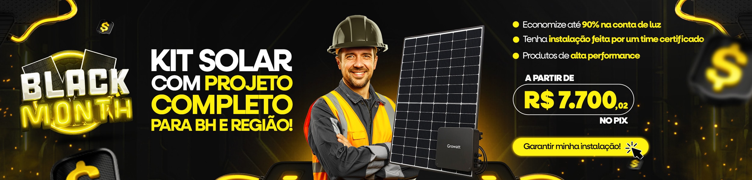 Painel solar com microinversor Growatt acoplado na parte inferior.