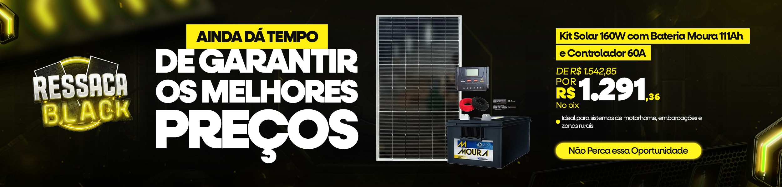 Kit Solar 160W com Bateria Moura 111Ah e Controlador 60A PWM