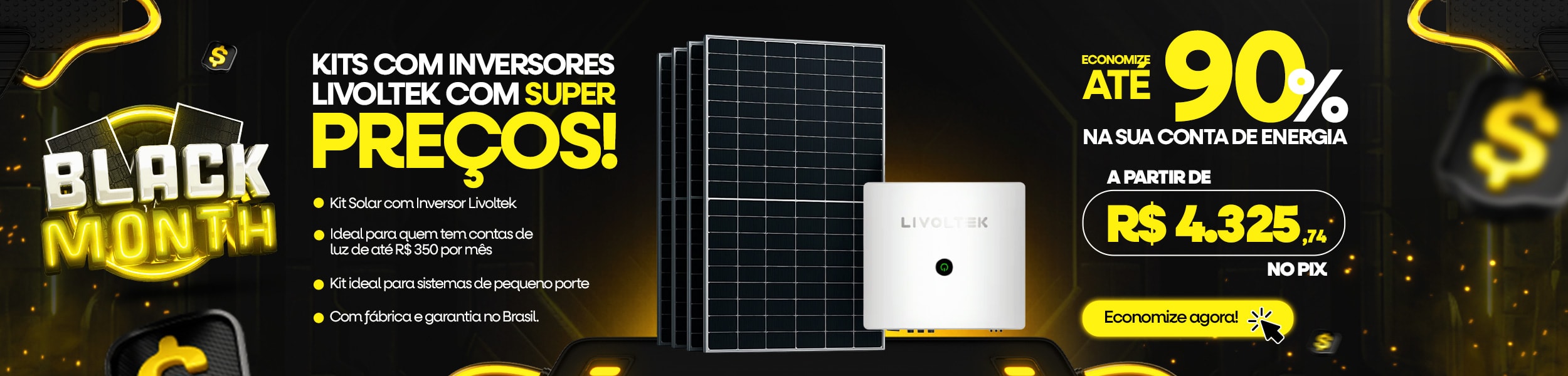 Kit com painéis solares e um inversor branco Livoltek colocado à frente.