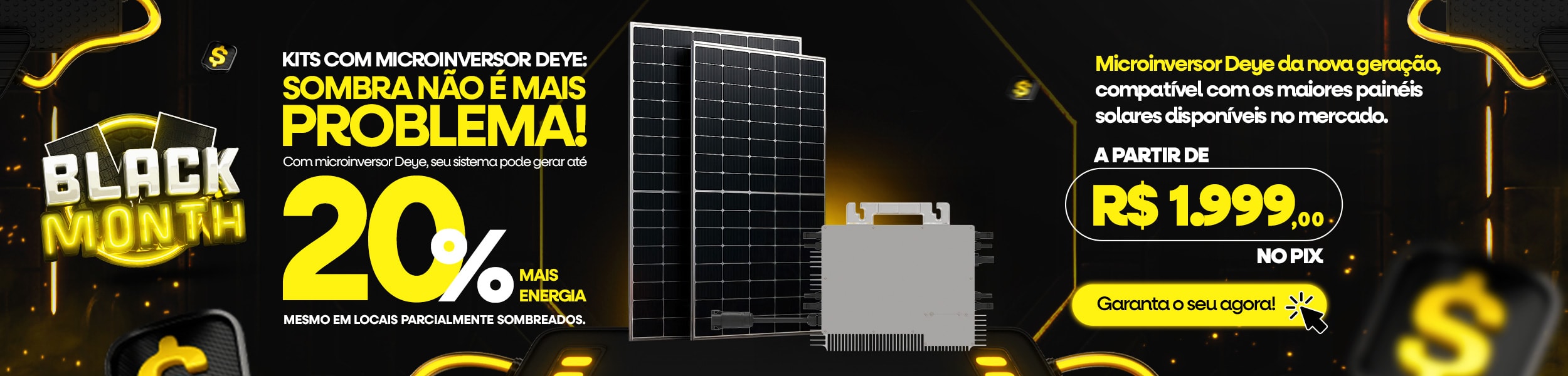 Kit com dois painéis solares e um microinversor branco posicionado à frente dos painéis.