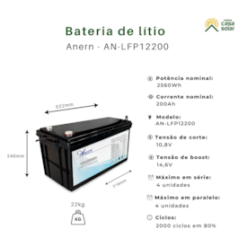 Segunda imagem do produto Bateria de Lítio 200Ah 2,56kW 12V Anern - AN-LFP12200