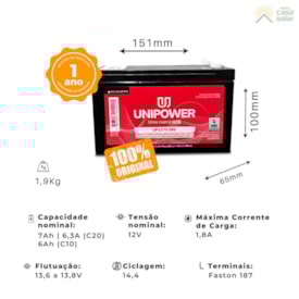 Segunda imagem do produto Bateria Estacionária VRLA Nobreak 7Ah 12V Unipower - UP1270SEG
