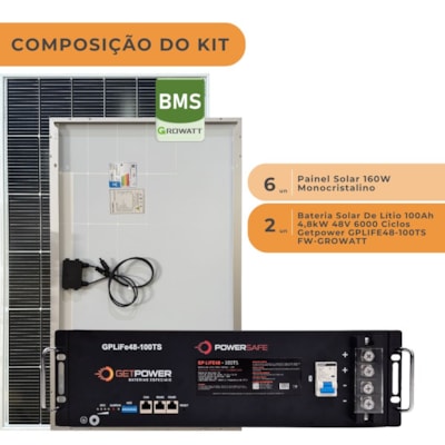 Segunda imagem do produto Bateria Solar De Lítio 100Ah 4,8kW 48V 6000 Ciclos Getpower GPLIFE48-100TS