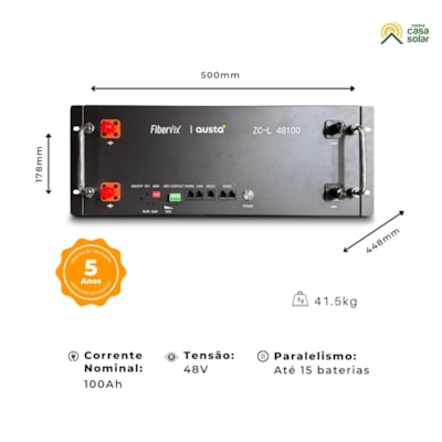 Segunda imagem do produto Bateria Solar De Lítio 100Ah 4,8kW 48V Austa ZC-L 48100