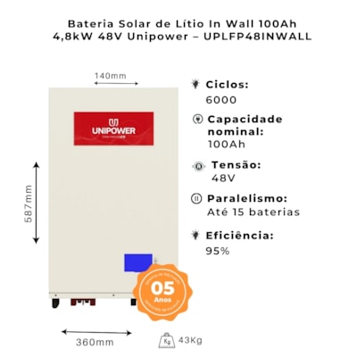 Segunda imagem do produto Bateria Solar de Lítio 100ah 5kw 48v com Display Unipower Uplfp48inwall