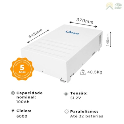 Segunda imagem do produto Bateria Solar De Lítio 100Ah 6000 Ciclos 5,12kW Deye - SE-F5