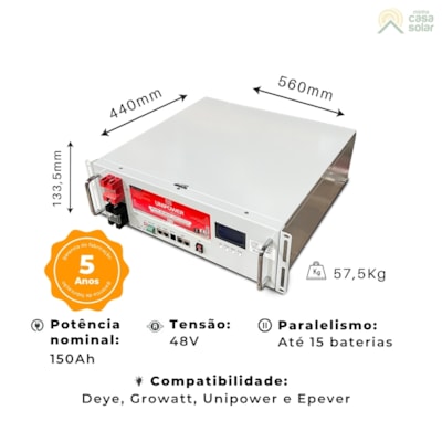 Segunda imagem do produto Bateria Solar De Lítio 150Ah 48V 7.2Wh 6000 Ciclos Unipower - UPLFP48 3U