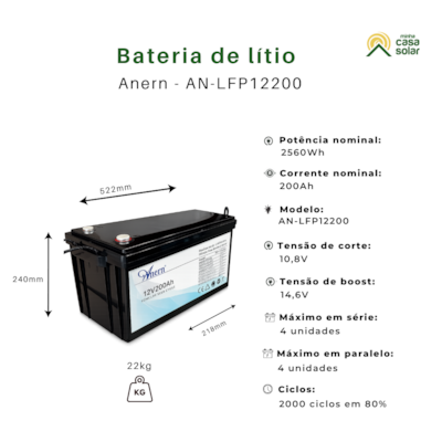 Segunda imagem do produto Bateria Solar de Lítio 200Ah 2,56kW 12V Anern - AN-LFP12200