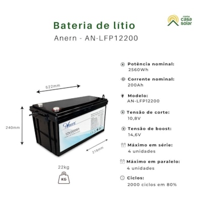 Segunda imagem do produto Bateria Solar de Lítio 200Ah 2,56kW 12V Anern - AN-LFP12200