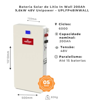 Segunda imagem do produto Bateria Solar de Lítio In Wall 200Ah 9,6kW 48V Unipower – UPLFP48INWALL