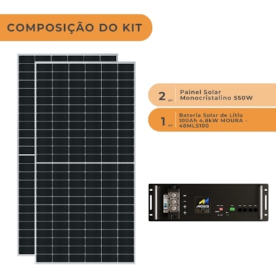 Segunda imagem do produto Bateria Solar Lítio Moura 100Ah 48V com 2 Painel Solar 550W