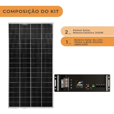 Segunda imagem do produto Bateria Solar Lítio Moura 48V 100Ah com 2 Placas 340W Monocristalino
