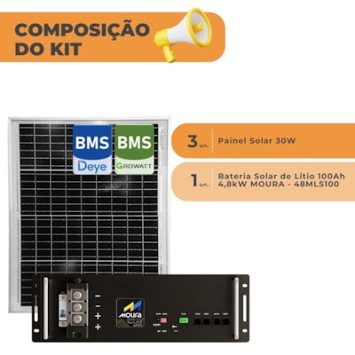 Segunda imagem do produto Bateria Solar Moura 100Ah 48V com 3 Painel Solar 30W