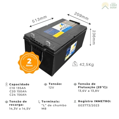 Segunda imagem do produto Bateria Solar Moura 162Ah - MS162Ah