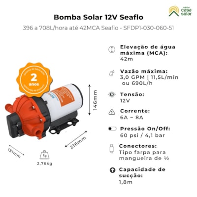 Segunda imagem do produto Bomba de Pressurização 396 a 708L/hora até 42MCA 12V - Seaflo