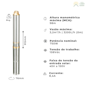 Segunda imagem do produto Bomba Solar Submersa 750W 98MCA 3200L/h Lepono - CPIP108