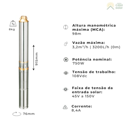 Segunda imagem do produto Bomba Solar Submersa 750W 98MCA 3200L/h Lepono - CPIP108
