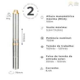 Segunda imagem do produto Bomba Solar Submersa 750W 98MCA 3600L/h Lepono 3LNP3.6-106-110