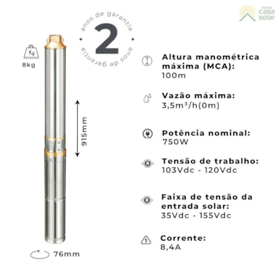 Segunda imagem do produto Bomba Solar Submersa 750W 98MCA 3600L/h Lepono 3LNP3.6-106-110