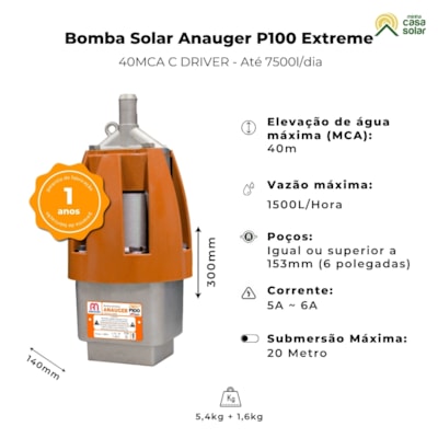 Segunda imagem do produto Bomba Solar Vibratória 40MCA 7.500L/dia com Drive P100 Extreme - Anauger
