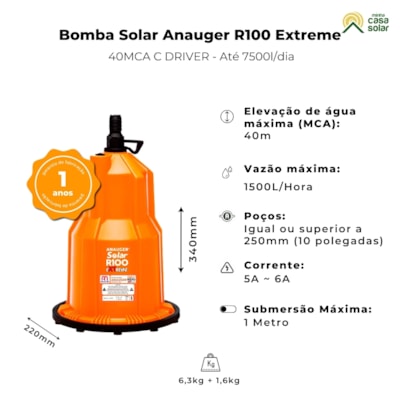 Segunda imagem do produto Bomba Solar Vibratória 40MCA 8.600L/dia com Drive R100 Extreme - Anauger