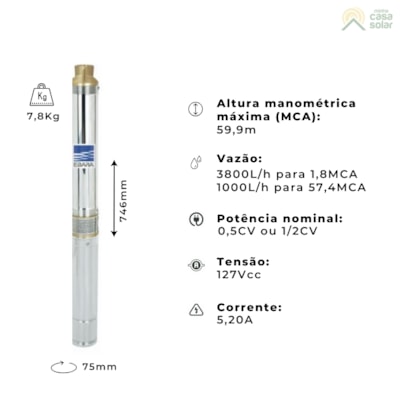 Segunda imagem do produto Bomba Submersa 0,5CV Monofásica 2 Fios 127V 59MCA - Ebara 3BPS2-10