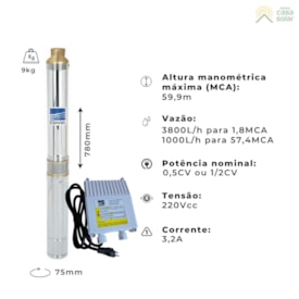 Segunda imagem do produto Bomba Submersa 0,5CV Monofásica 3 Fios 220V - Ebara 3TSM2 10 CB