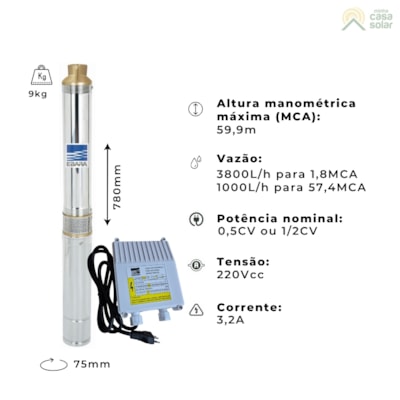Segunda imagem do produto Bomba Submersa 0,5CV Monofásica 3 Fios 220V - Ebara BMQ 3BPS2 10 CB