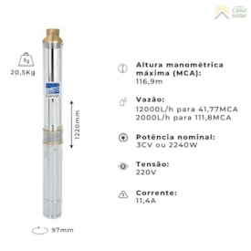 Segunda imagem do produto Bomba Submersa 3CV Monofásica 2 Fios 220V 77MCA - Ebara 4BPL8-12