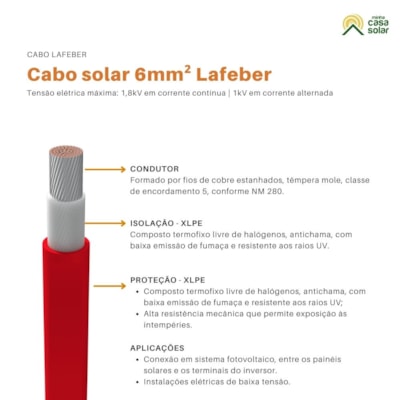 Segunda imagem do produto Cabo Flexível Solar 6mm² 1kVca - 1,8kVcc Vermelho - Lafeber