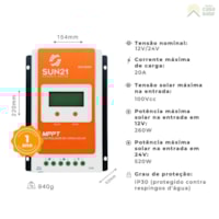 Controlador de Carga 20A 12V/24V MPPT SUN21 - MAX-M2024