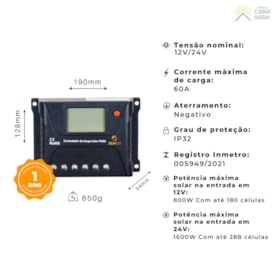 Segunda imagem do produto Controlador de Carga 60A 12V/24V PWM SUN21 - CCS-P6024