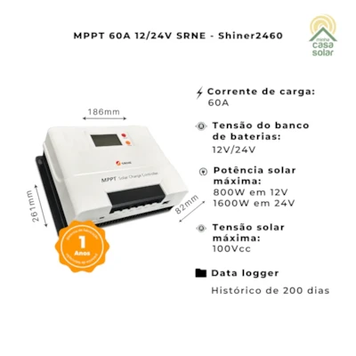 Segunda imagem do produto Controlador De Carga MPPT 60A 12V/24V SRNE - Shiner 2460