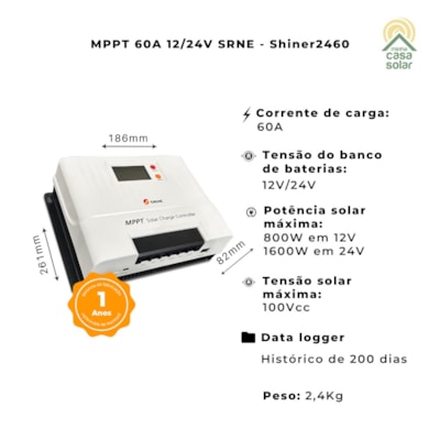 Segunda imagem do produto Controlador De Carga MPPT 60A 12V/24V SRNE - Shiner 2460
