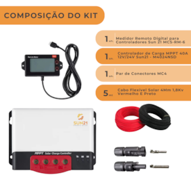 Segunda imagem do produto Controlador De Carga Solar 40a Mppt Sun21 Display MC4 e Cabos