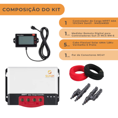 Segunda imagem do produto Controlador De Carga Solar 40a Mppt Sun21 Display MC4y e Cabos