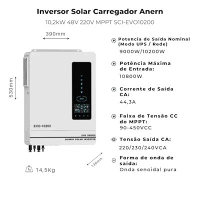 Segunda imagem do produto IMP IND EVO10200-NE - INVERSOR CG 10,2KW 48/220V MPPT 160A S/WIFI ANERN