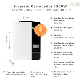 Segunda imagem do produto Inversor Carregador 3,5kW 48V/230V Growatt - SPF 3500-48-ES-P