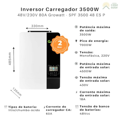 Segunda imagem do produto Inversor Carregador 3,5kW 48V/230V Growatt - SPF 3500-48-ES-P