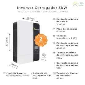 Segunda imagem do produto Inversor Carregador 3kW 48V/127V + WiFi Growatt - SPF 3000TL LVM 48 ES P