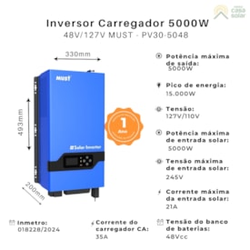 Segunda imagem do produto Inversor Carregador 5kW 48V/127V MPPT 80A Must - PV30 5048 LVHM