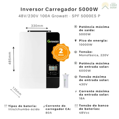 Segunda imagem do produto Inversor Carregador 5kW 48V/220V com WiFi Growatt - SPF 5000 48 ES P