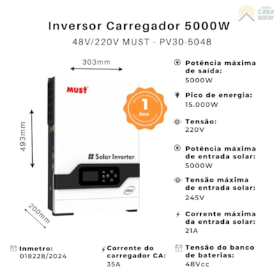 Segunda imagem do produto Inversor Carregador 5kW 48V/220V MPPT 80A Must - PV30 5048 VHM