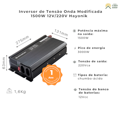Segunda imagem do produto Inversor de Tensão 1500W 12V/220V Modificada Hayonik MSW-1215