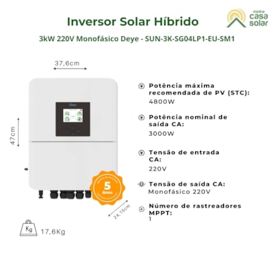 Segunda imagem do produto Inversor Hibrido 3kW 220V Monofásico Deye - SUN-3K-SG04LP1-EU-SM1
