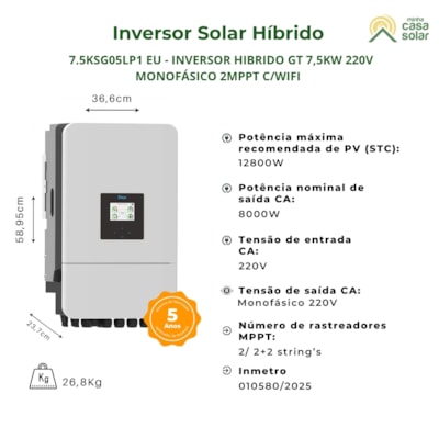 Segunda imagem do produto Inversor Híbrido 7,5kW 220V Monofásico Deye SUN-7.5K-SG05LP1-EU-SG05LP1-EU