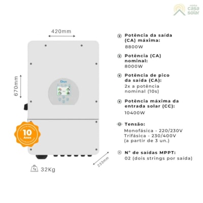Segunda imagem do produto Inversor Híbrido 8kW 220V Monofásico 2MPPT Deye - SUN-8K-SG01LP1-EU