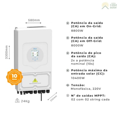 Segunda imagem do produto Inversor Híbrido 8kW 220V Monofásico 2MPPT Deye - SUN-8K-SG05LP1-EU